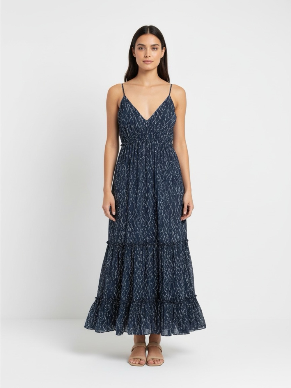 New 1. State Navy Printed Tiered Maxi Dress with Spaghetti Straps size M L XL